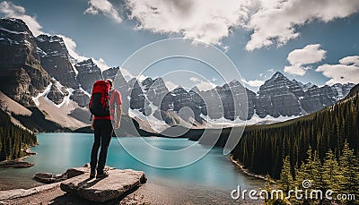 Canada travel man hiker at Moraine Lake Banff National Park, Alberta. Canadian rockies landscape Stock Photo