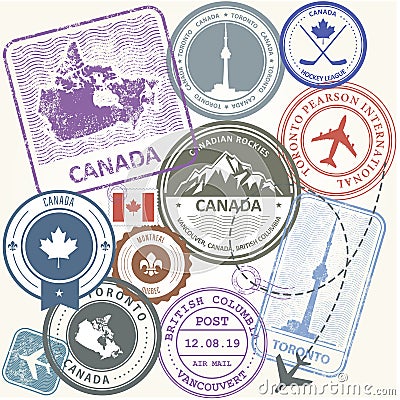 Canada travel stamps set - journey symbols of Canada Vector Illustration