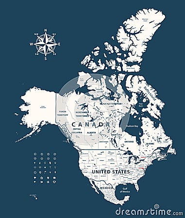 Canada, United States and Mexico map with states borders on dark blue background Vector Illustration