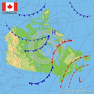 Canada. Weather map of the country. Meteorological forecast. Detailed physical map of Canada colored according to elevation Vector Illustration