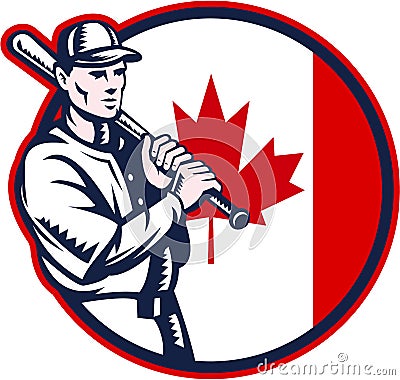 Canadian Baseball Batter Canada Flag Circle Vector Illustration