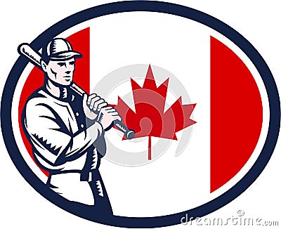 Canadian Baseball Batter Canada Flag Retro Vector Illustration