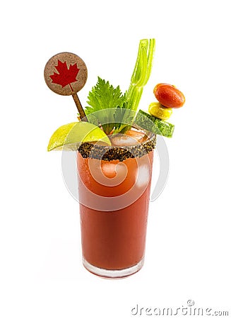 Canadian Caesar drink, typical Canadian drink, with hot sauce, celery, lemon, vodka and ice. Plate with Canadian flag decorating Stock Photo