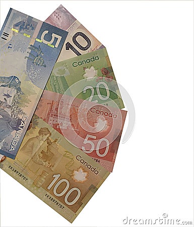 Canadian currency of denomination 5, 10, 20, 100 Stock Photo