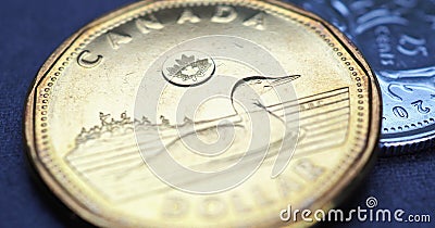 1 Canadian dollar. Fragment of textured coin. Horizontal stories about economy or finance. Coins and money change of Canada. News Editorial Stock Photo