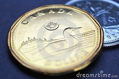 1 Canadian dollar. Fragment of textured coin. Illustration about economy or finance. Coins and money change of Canada. News about Editorial Stock Photo