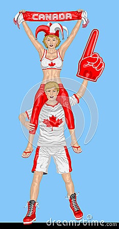 Canadian Fans Supporting Canada Team with Scarf and Foam Finger Vector Illustration