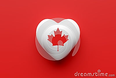 Canadian flag on a heart shape on red background. Canadian national symbol maple leaf. Canadian patriotism, love, respect and Stock Photo