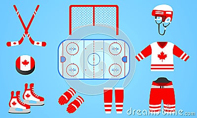 Canadian ice hockey equipment collection. Vector illustration. Isolated icons with Canada national flag. Winter sports design. Hoc Cartoon Illustration