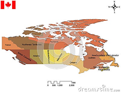 Canadian map of ten provinces and three territories Stock Photo