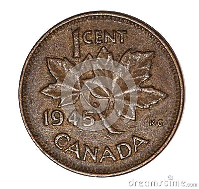 1945 Canadian old worn and stained coin Editorial Stock Photo