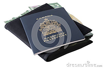 Canadian passport and banknotes Stock Photo