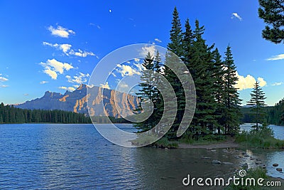 Banff National Park, Evening Light on Sulphur Mountain from Two Jack Lake, Canadian Rocky Mountains, Alberta, Canada Stock Photo