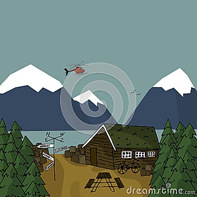 Canadian and scandinavian red brown wooden houses with grass on the roof and yellow trees, mountains, helocopter vector Vector Illustration