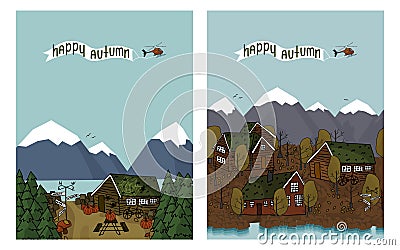 Canadian and scandinavian red brown wooden houses with grass on the roof and yellow trees, mountains, helocopter vector Vector Illustration