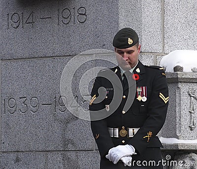 Canadian Soldier At Cenotaph At Remembrance Day Ceremony Editorial Stock Photo