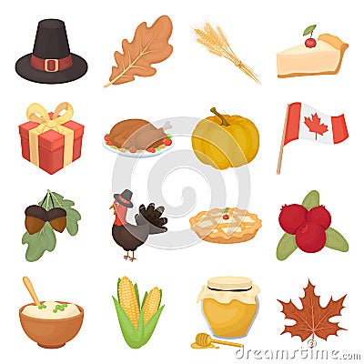 Canadian Thanksgiving Day set icons in cartoon style. Big collection of canadian Thanksgiving Day vector illustration symbol. Vector Illustration