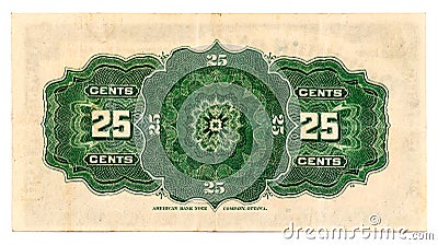 Canadian Twenty-Five Cents - Vintage Paper Money - reverse side Stock Photo