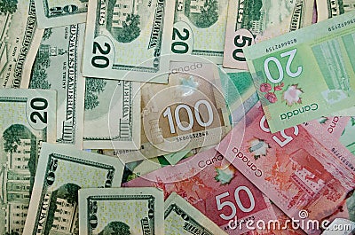 Canadian and USA currency dollars of denomination 20,50 and 100 Stock Photo