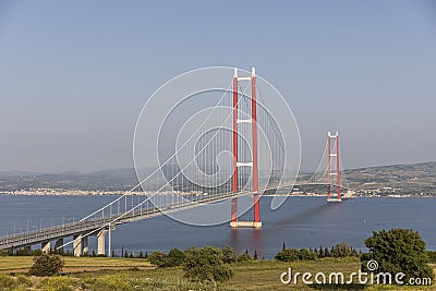 1915 Canakkale Bridge aerial view in Canakkale, Turkey. World's longest suspension bridge opened in Turkey. Turkish: 1915 Stock Photo