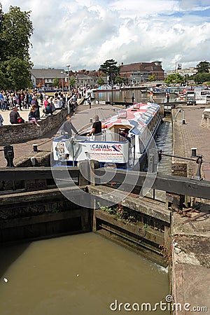 Canal barge in lock Editorial Stock Photo