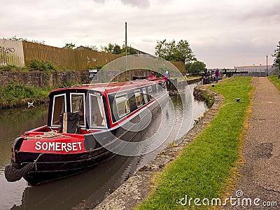Canal barge moored near Blackburn Editorial Stock Photo
