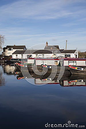 Canal Barges and buildings at Norbury Junction in Shropshire, United Kingdom Editorial Stock Photo