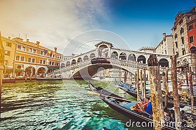 Canal Grande with Rialto Bridge at sunset, Venice, Italy Stock Photo