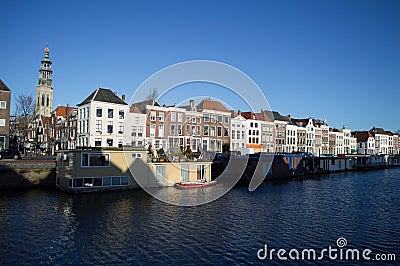Canal Houses and Houseboats in Traditional Dutch Seaside Town Vlissingen, Zeeland, Netherlands Stock Photo