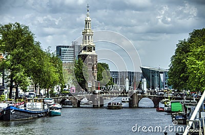 Canal Oudeschans in Amsterdam, Netherlands Editorial Stock Photo