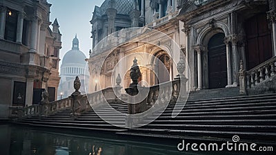 Canal with traditional Venetian-style buildings on the bank. AI-generated. Stock Photo