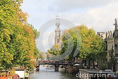 Canals in amsterdam with the wester church 01 Editorial Stock Photo