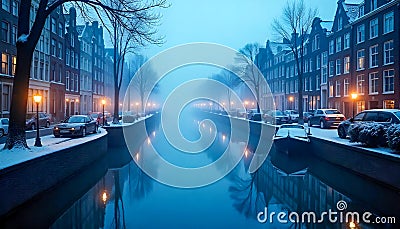 Canals and ancient architecture softened by fog. generated using AI. Stock Photo