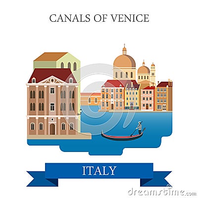 Canals of Venice gondola Italy flat vector attraction landmark Vector Illustration