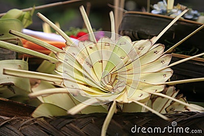 Canang sari, Balinese offering baskets in a temple, Bali, Indonesia Stock Photo