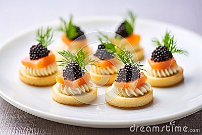 Tartlets with caviar and salmon on a plate. Stock Photo