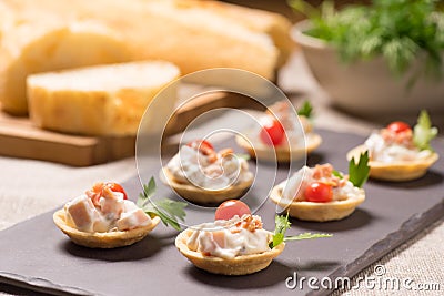Canapes, appetizer with creamy Chicken salad Stock Photo