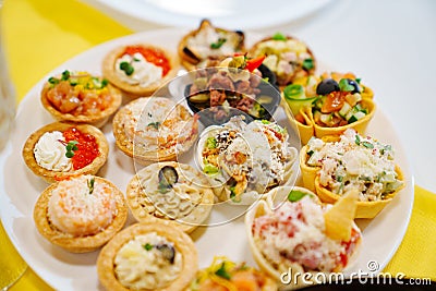 Canapes tartlets with various delicious fillings on a plate. Stock Photo