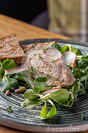 Canard Foie gras Pate made of the liver of a duck or goose with toasted bread slice Stock Photo