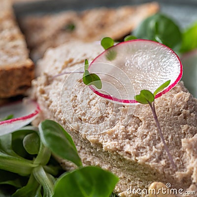 Canard Foie gras Pate made of the liver of a duck or goose with toasted bread slice Stock Photo