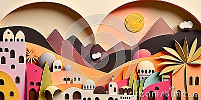 Canary islands, Spain, paper art collage, layered colored paper, travel panorama, AI generative panoramic banner Stock Photo