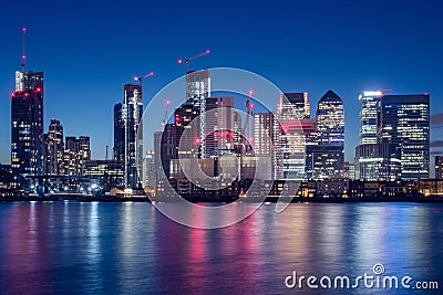 Canary Wharf Business District Skyline at Night Stock Photo