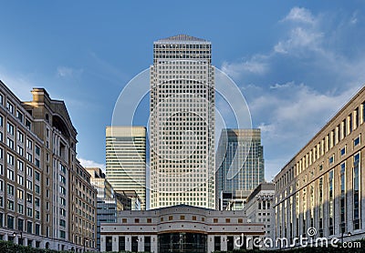 Canary Wharf skyline from Cabot Square, London Stock Photo