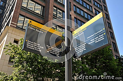 Canary Wharf street sign for directions in Cabot Square , East London Editorial Stock Photo
