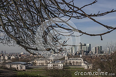 Canary Wharf - a view from the Greenwich park, mishmash of branches. Stock Photo