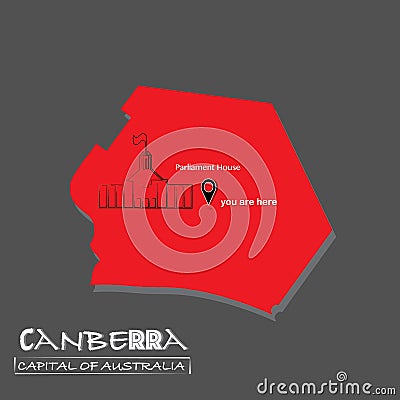 Canberra-Capital of Australia map Vector illustration-You are Here-Parliament building, isolated 3d look political map Cartoon Illustration