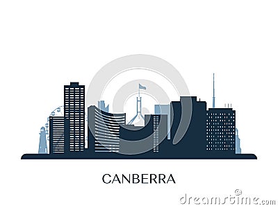 Canberra skyline, monochrome silhouette. Vector Illustration