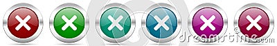 Cancel, cross silver metallic vector icon set, round glossy buttons with chrome border for web design Vector Illustration
