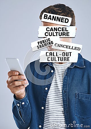 Cancel culture, overlay and phone with text on person for social media, cyber bullying and toxic message. Free speech Stock Photo