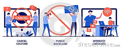 Cancel culture, public backlash, Internet criticism concept with tiny people. Social media behavior vector illustration set. Group Vector Illustration